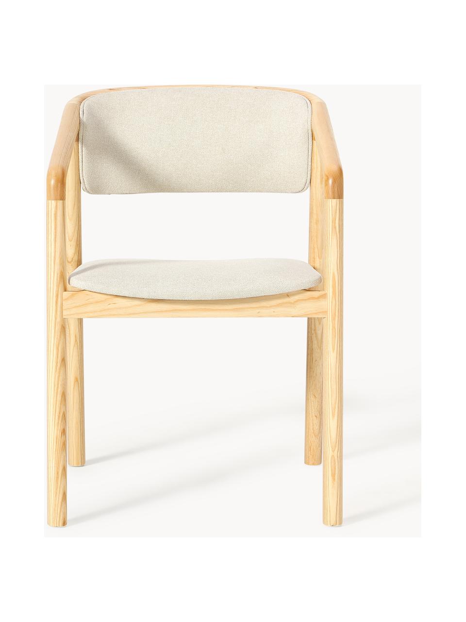 Sedia imbottita con braccioli Gali, Rivestimento: 100% poliestere Il rivest, Struttura: legno di frassino, multis, Bianco crema, legno di frassino chiaro, Larg. 56 x Prof. 55 cm