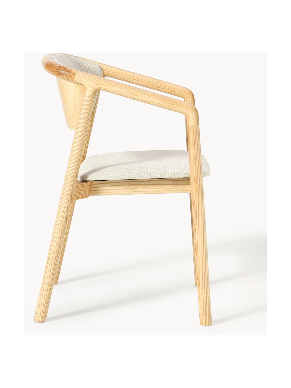 Chaise à accoudoirs avec assise rembourrée Gali, Blanc crème, bois de frêne, larg. 56 x prof. 55 cm