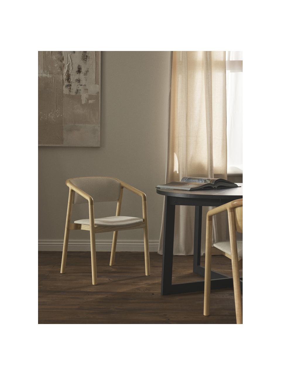 Sedia imbottita con braccioli Gali, Rivestimento: 100% poliestere Il rivest, Struttura: legno di frassino, multis, Bianco crema, legno di frassino chiaro, Larg. 56 x Prof. 55 cm