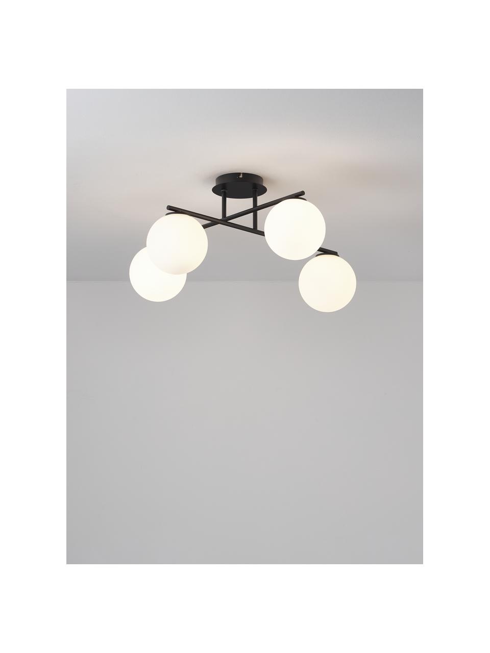 Lampada da soffitto in vetro opale Atlanta, Struttura: metallo spazzolato, Baldacchino: metallo verniciato a polv, Bianco, nero, Larg. 65 x Alt. 30 cm