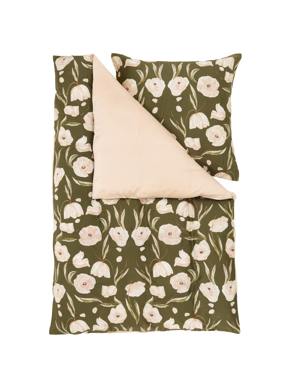 Dizajnová posteľná bielizeň z bavlneného saténu od Candice Gray Aimee, Svetlobéžová, olivovozelená, 155 x 220 cm + 1 vankúš 80 x 80 cm