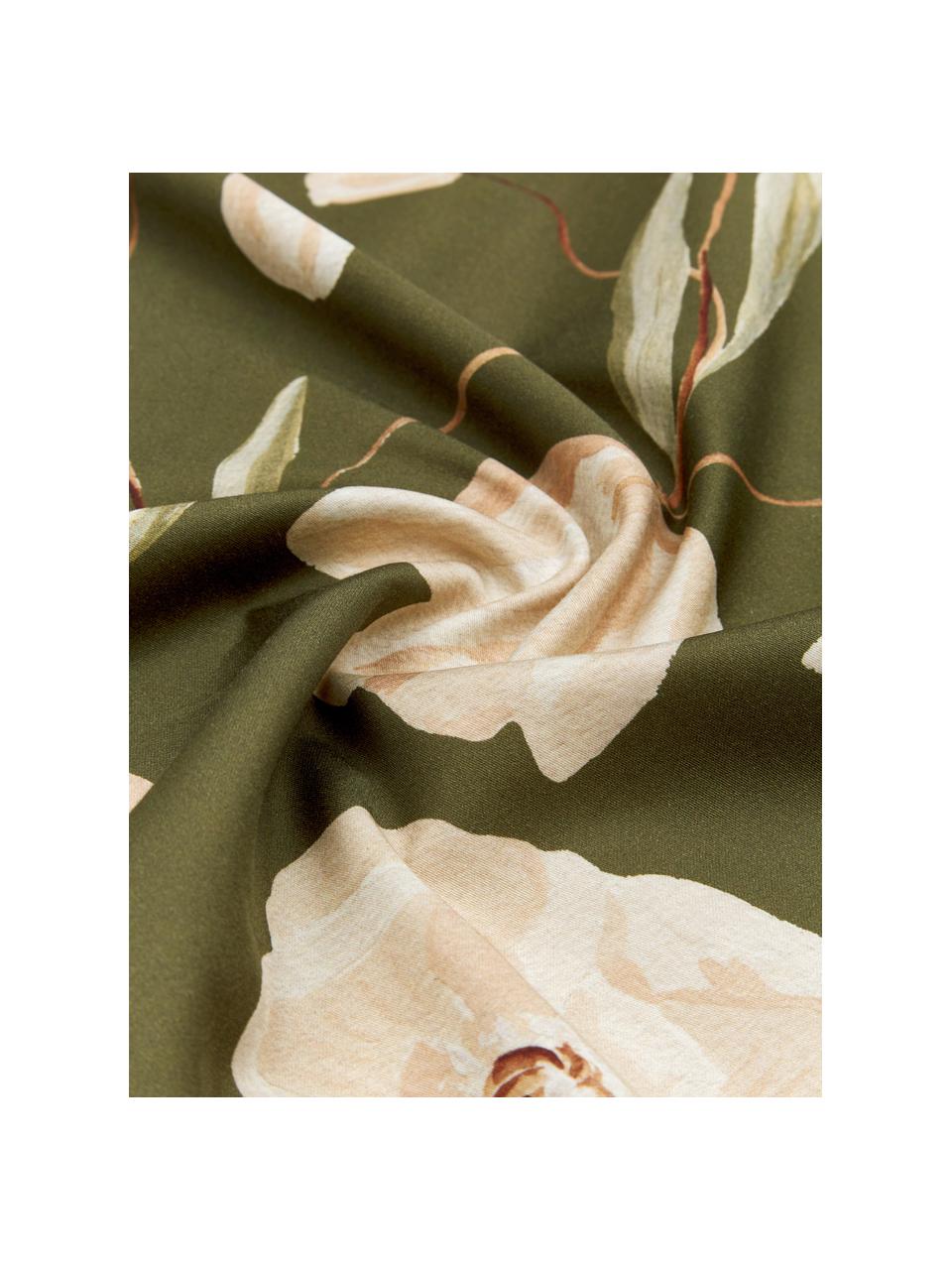 Pościel z organicznej satyny bawełnianej Aimee od Candice Gray, Jasny beżowy, oliwkowy zielony, 155 x 220 cm + 1 poduszka 80 x 80 cm