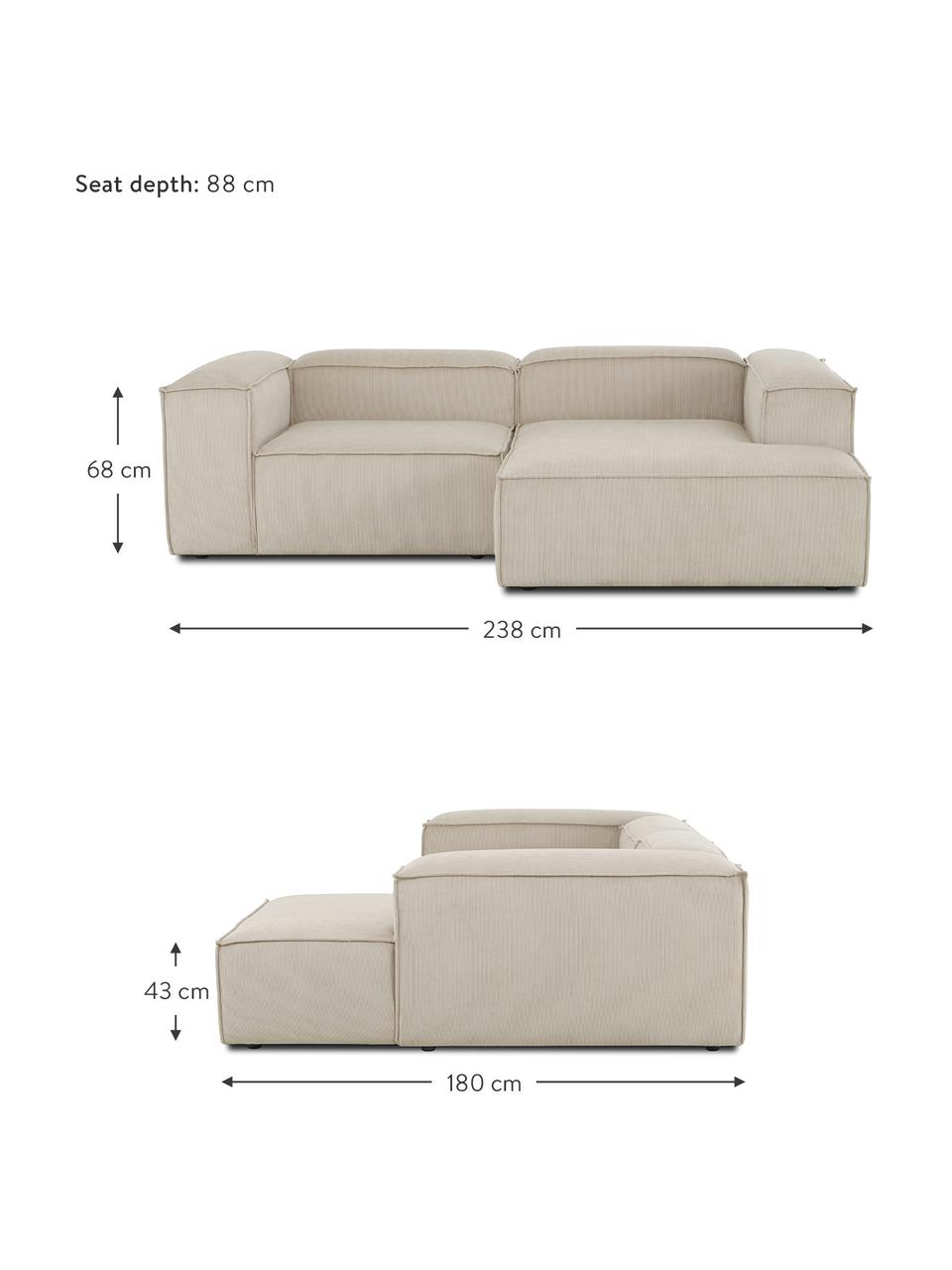 Divano angolare componibile in velluto a coste Lennon, Rivestimento: velluto a coste (92% poli, Struttura: legno di pino massiccio, , Piedini: plastica, Velluto a coste beige, Larg. 238 x Prof. 180 cm, chaise-longue a sinistra