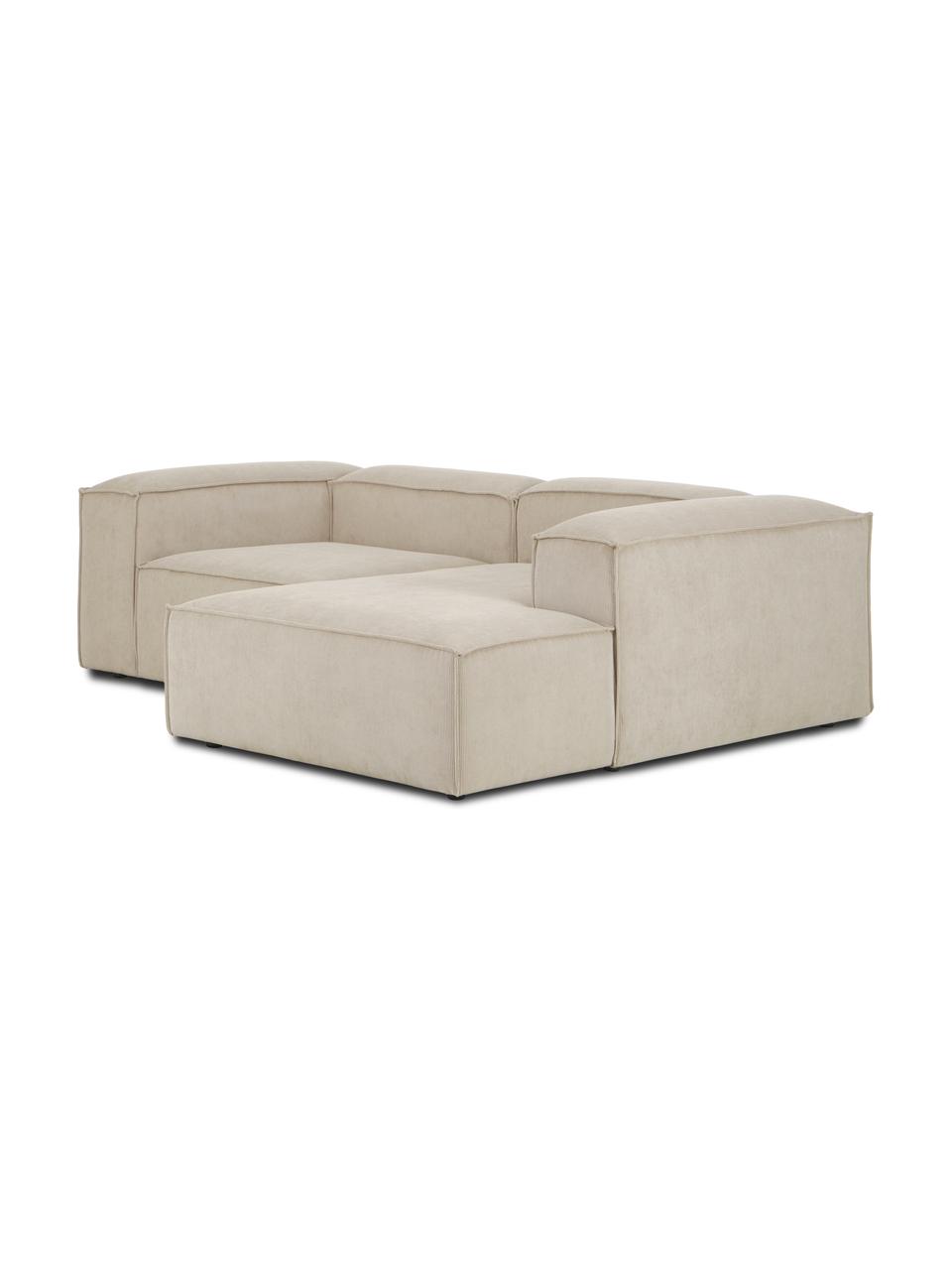 Divano angolare componibile in velluto a coste Lennon, Rivestimento: velluto a coste (92% poli, Struttura: legno di pino massiccio, , Piedini: plastica, Velluto a coste beige, Larg. 238 x Prof. 180 cm, chaise-longue a sinistra