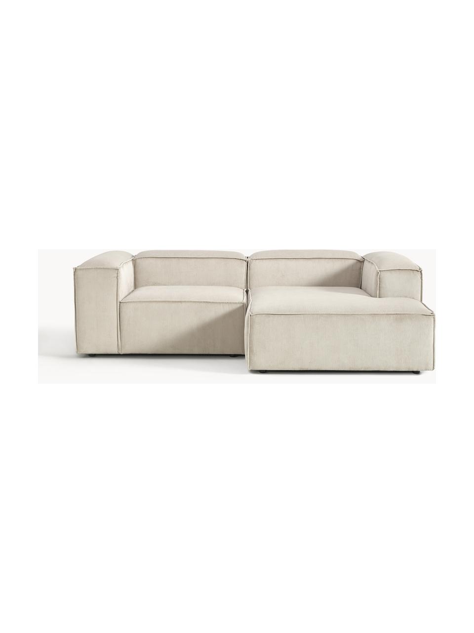 Sofá rinconera modular de pana Lennon, Tapizado: pana (92% poliéster, 8% p, Estructura: madera de pino maciza, ma, Patas: plástico Este producto es, Pana beige claro, An 238 x F 180 cm, chaise longue derecha