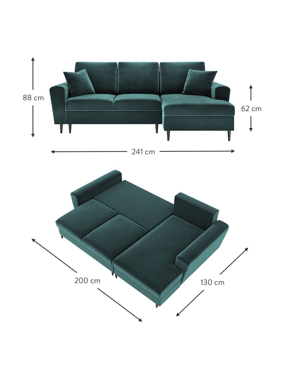 Canapé d'angle 4 places velours avec fonction lit et rangement Moghan, Velours bleu pétrole, noir, larg. 241 x prof. 145 cm, méridienne à droite
