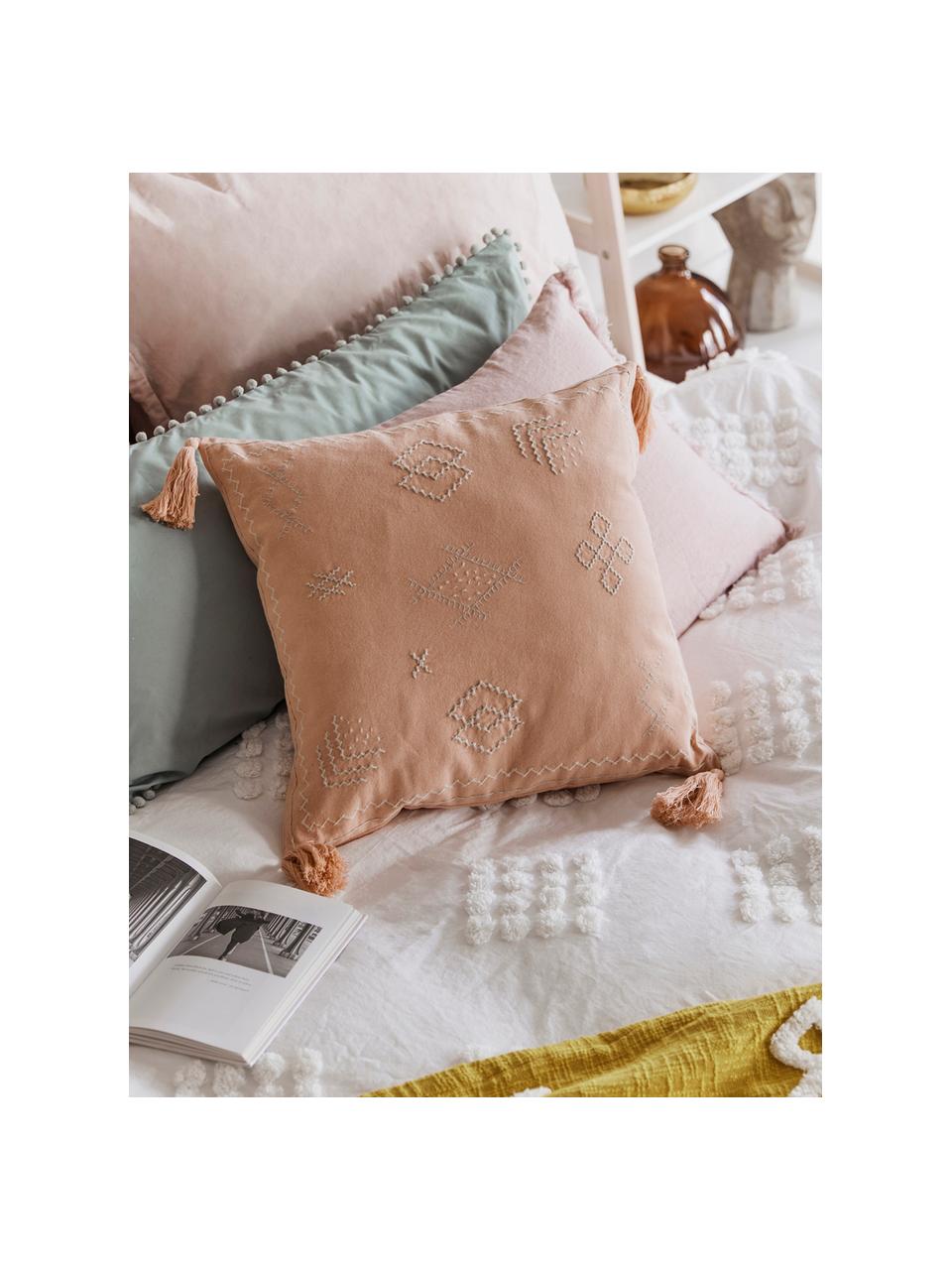 Bestickte Kissenhülle Huata, 100% Baumwolle, Rosa, Taupe, Beige, 45 x 45 cm