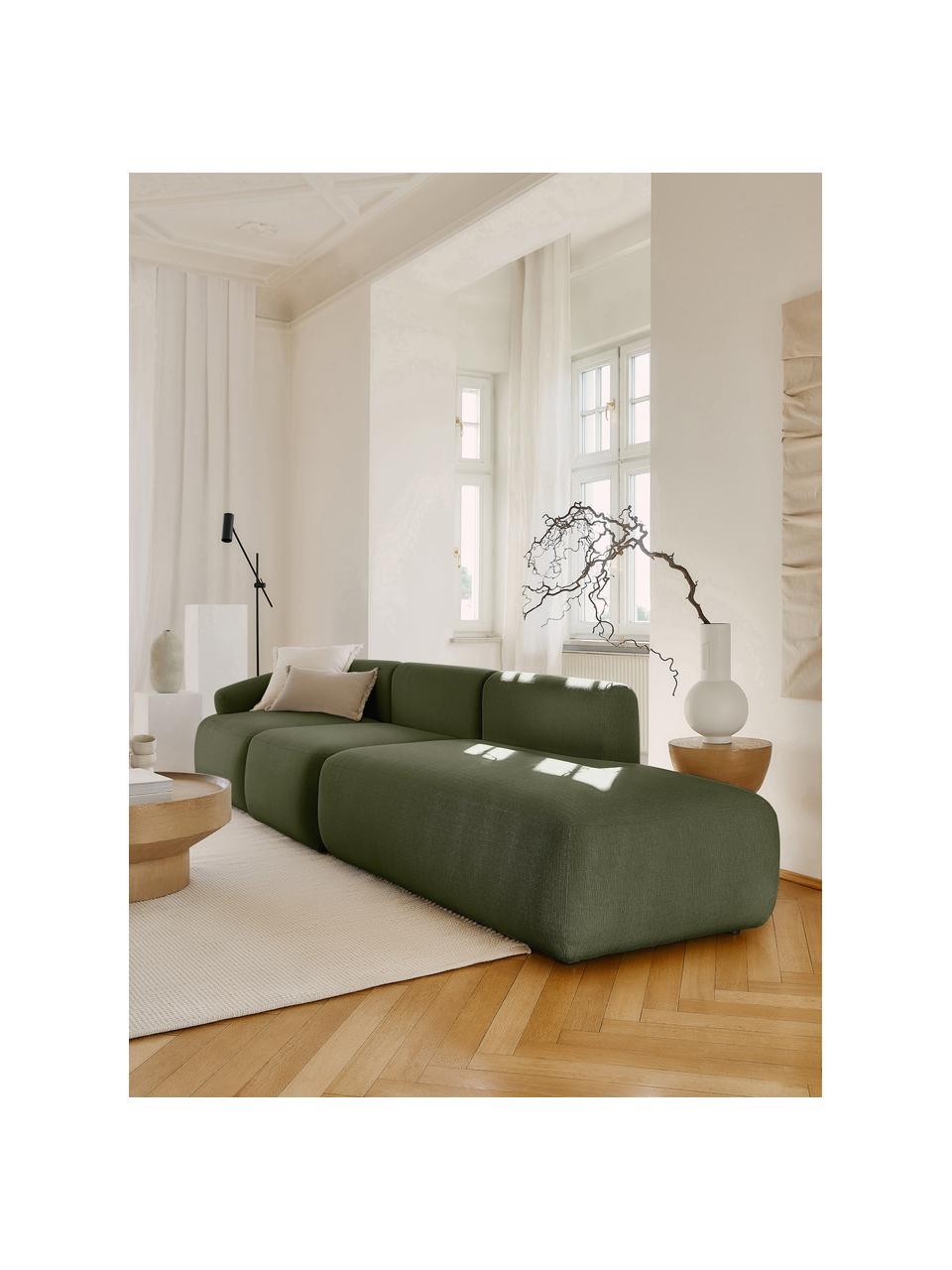 Chaise-longue componibile in tessuto verde Sofia, Rivestimento: 100% polipropilene Con 23, Struttura: legno di pino massiccio, , Piedini: plastica, Tessuto verde, Larg. 340x Prof. 95 cm