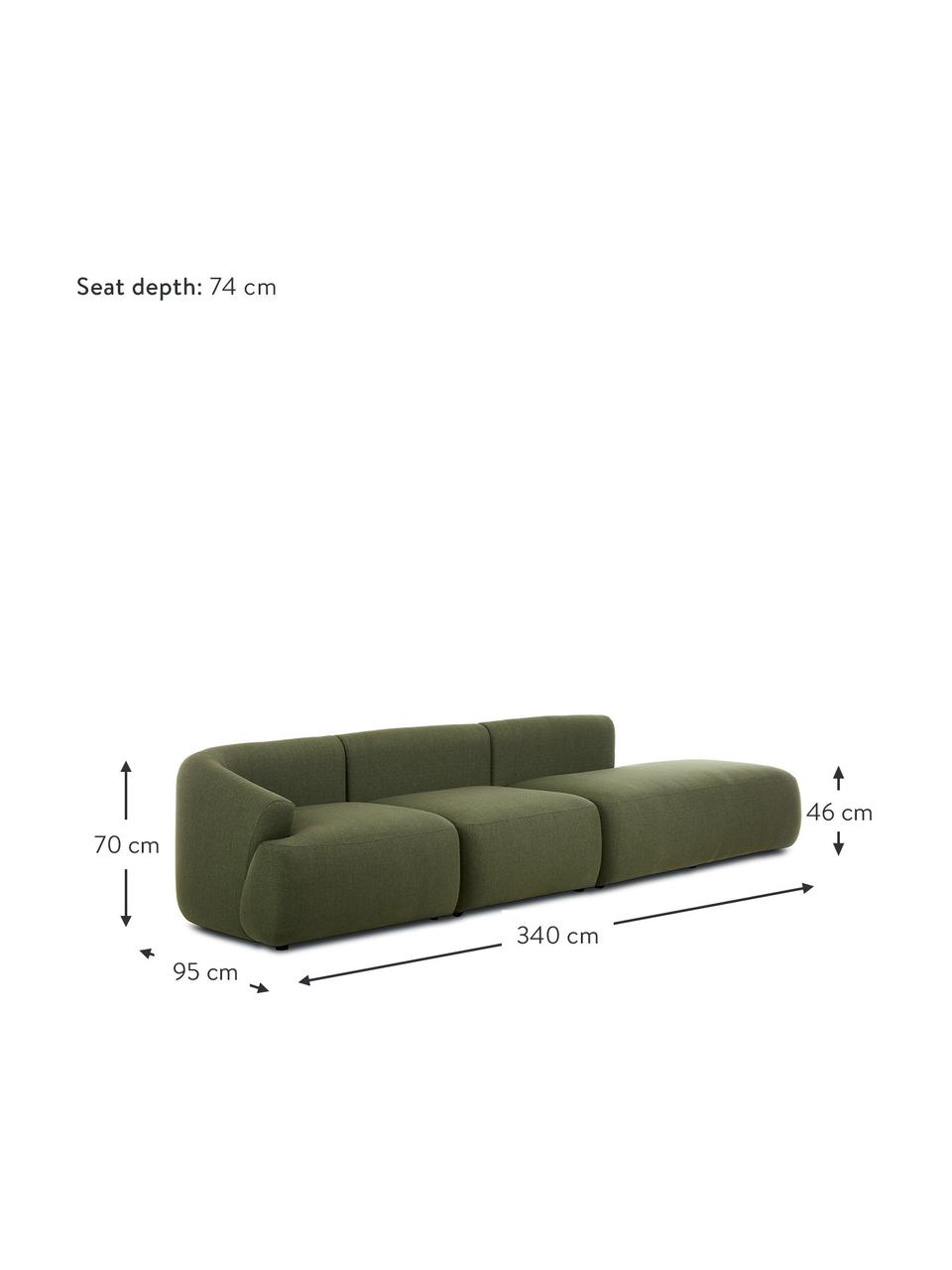 Chaise-longue componibile in tessuto verde Sofia, Rivestimento: 100% polipropilene Con 23, Struttura: legno di pino massiccio, , Piedini: plastica, Tessuto verde, Larg. 340x Prof. 95 cm