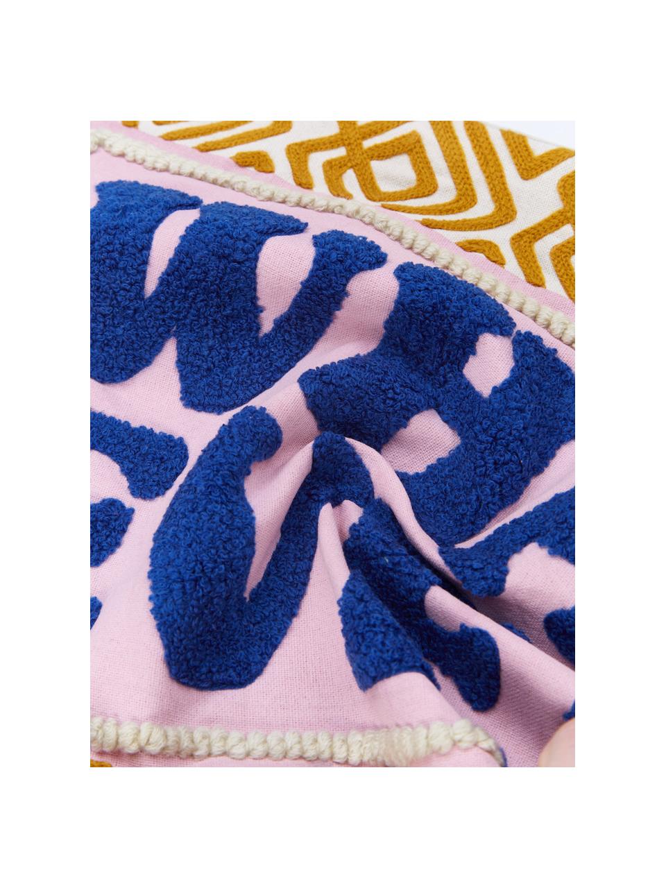 Kussenhoes Whatever met geborduurde tekst, Mosterdgeel, lichtroze, donkerblauw, B 30 x L 50 cm