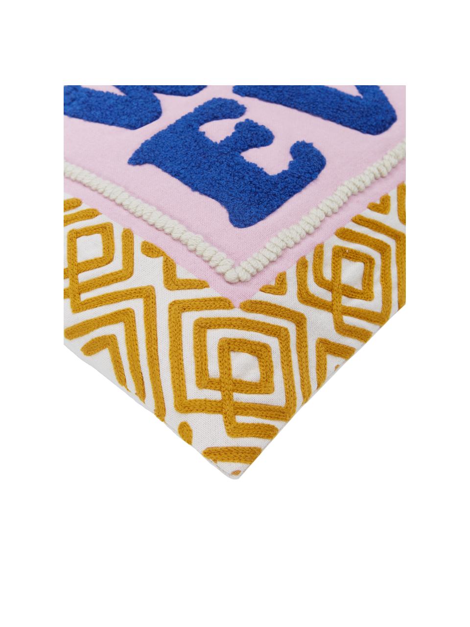 Kussenhoes Whatever met geborduurde tekst, Mosterdgeel, lichtroze, donkerblauw, B 30 x L 50 cm