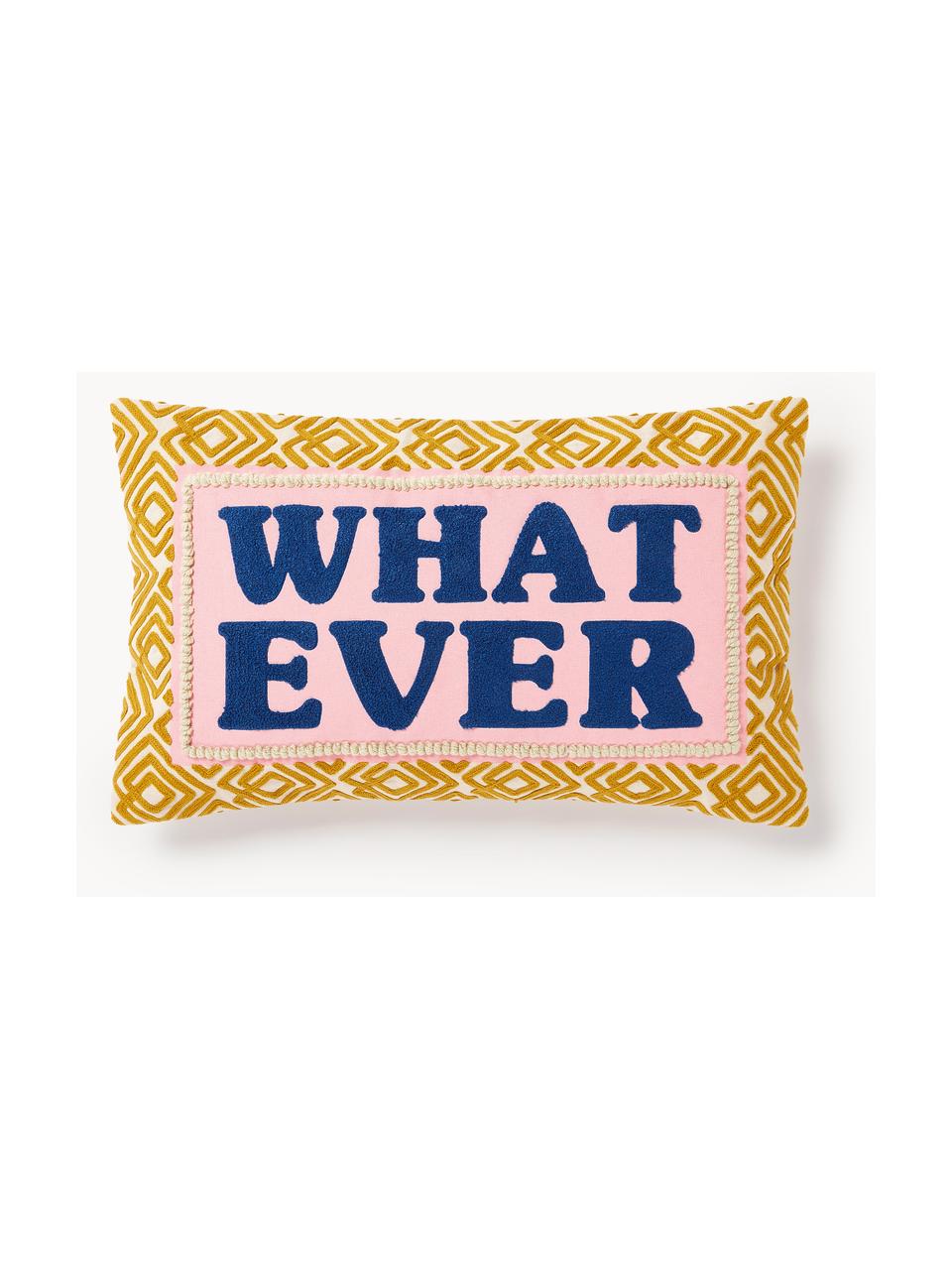 Housse de coussin 30x50 avec slogan brodé Whatever, Jaune moutarde, rose pâle, bleu foncé, larg. 30 x long. 50 cm