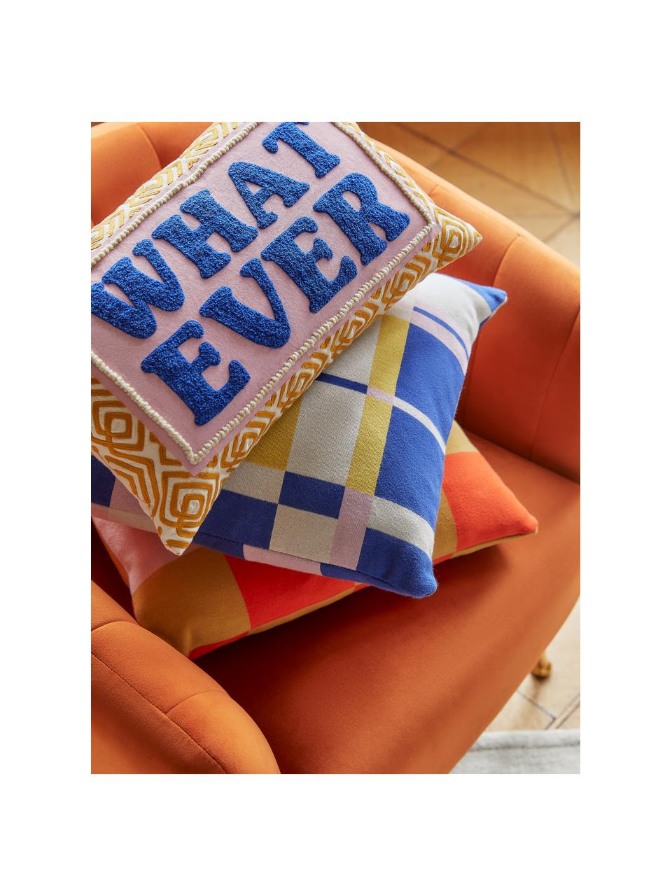 Kussenhoes Whatever met geborduurde tekst, Mosterdgeel, lichtroze, donkerblauw, B 30 x L 50 cm