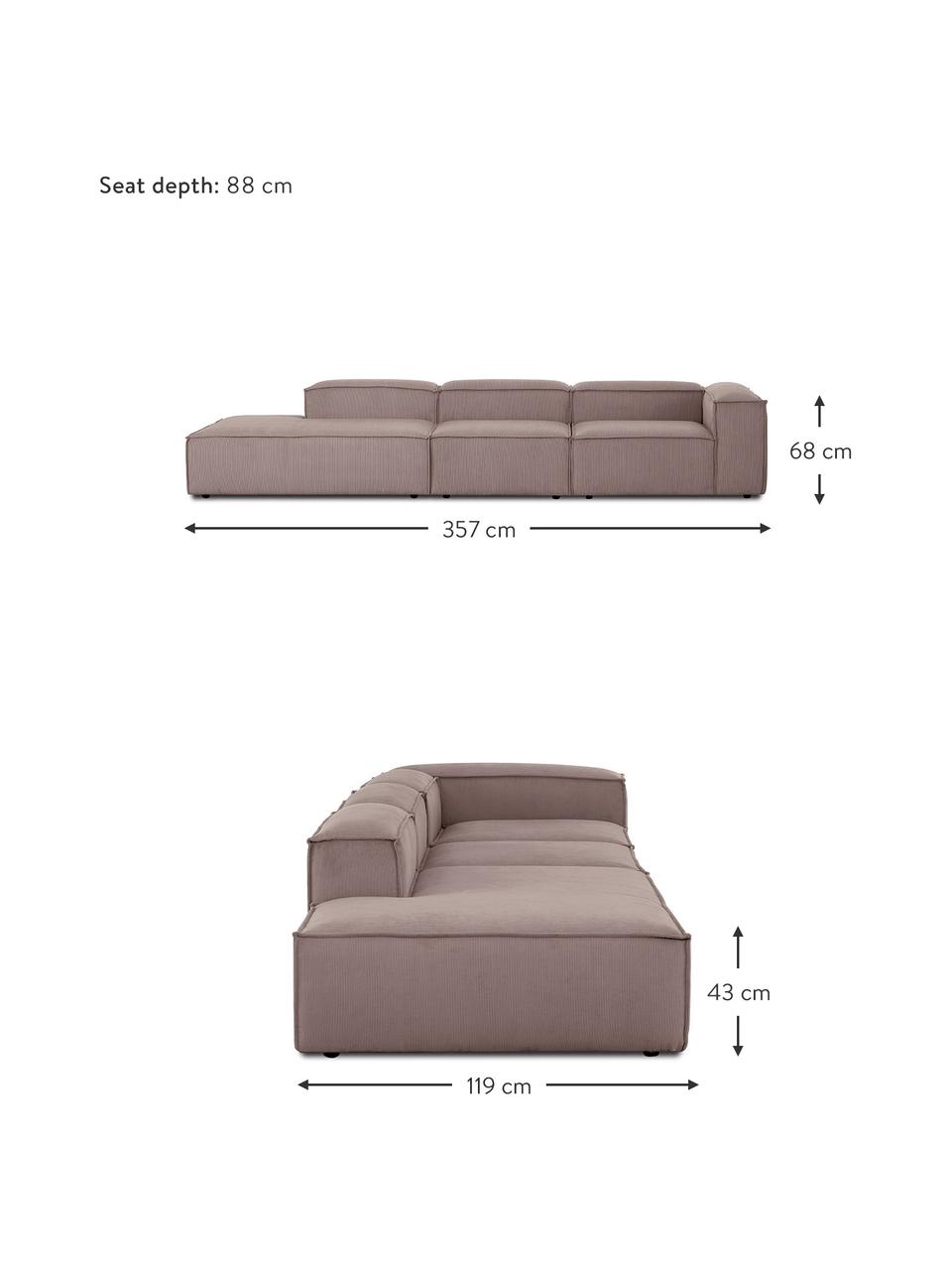 Diván modular grande de pana Lennon, Tapizado: pana (92% poliéster, 8% p, Estructura: madera de pino maciza, ma, Patas: plástico Las patas están , Pana marrón, An 357 x F 119 cm, respaldo derecho