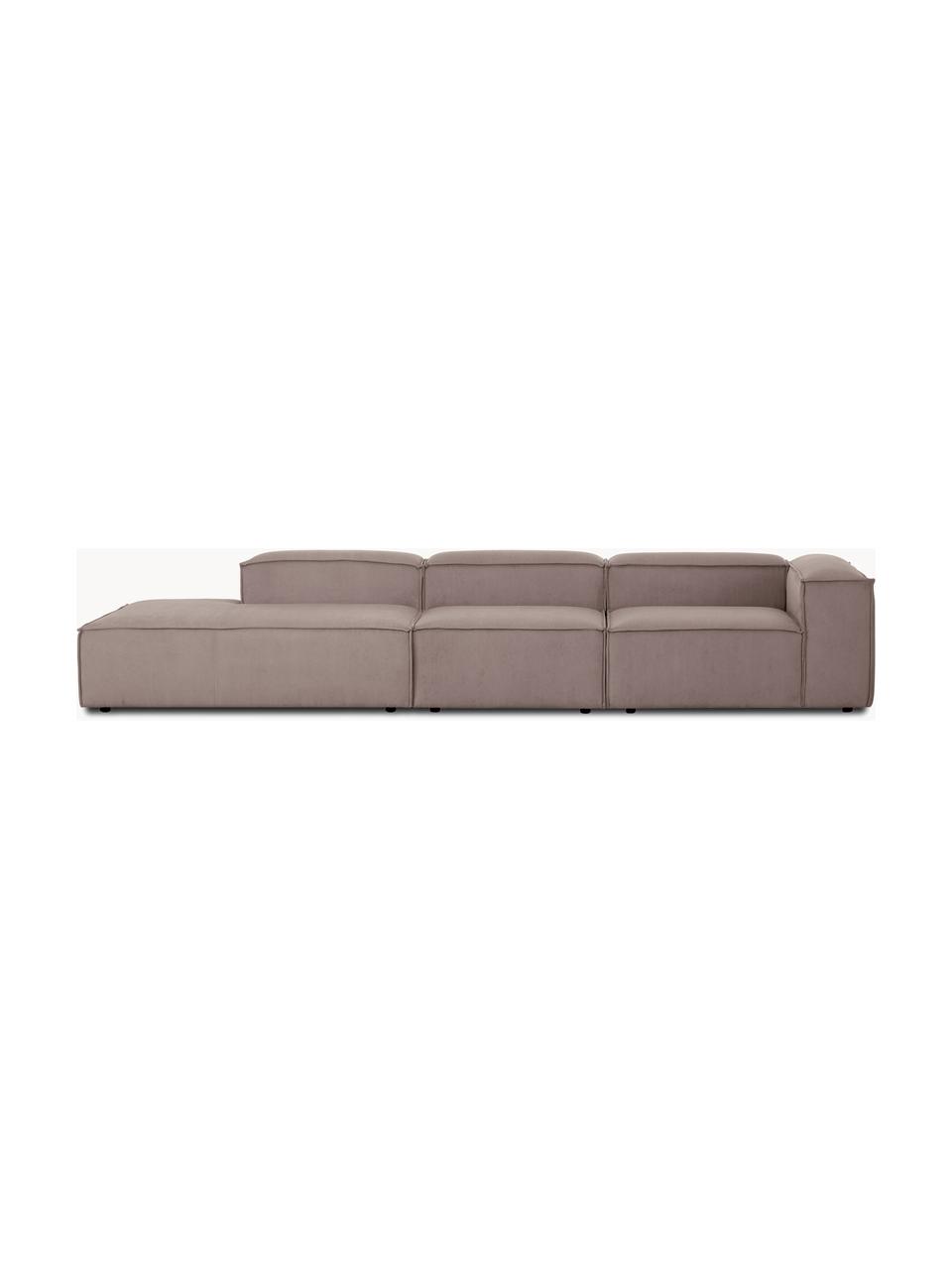 Chaise longue XL componibile in velluto a coste Lennon, Rivestimento: velluto a coste (92% poli, Struttura: legno di pino massiccio, , Piedini: plastica I piedini si tro, Velluto a coste taupe, Larg. 357 x Prof. 119 cm, schienale a destra