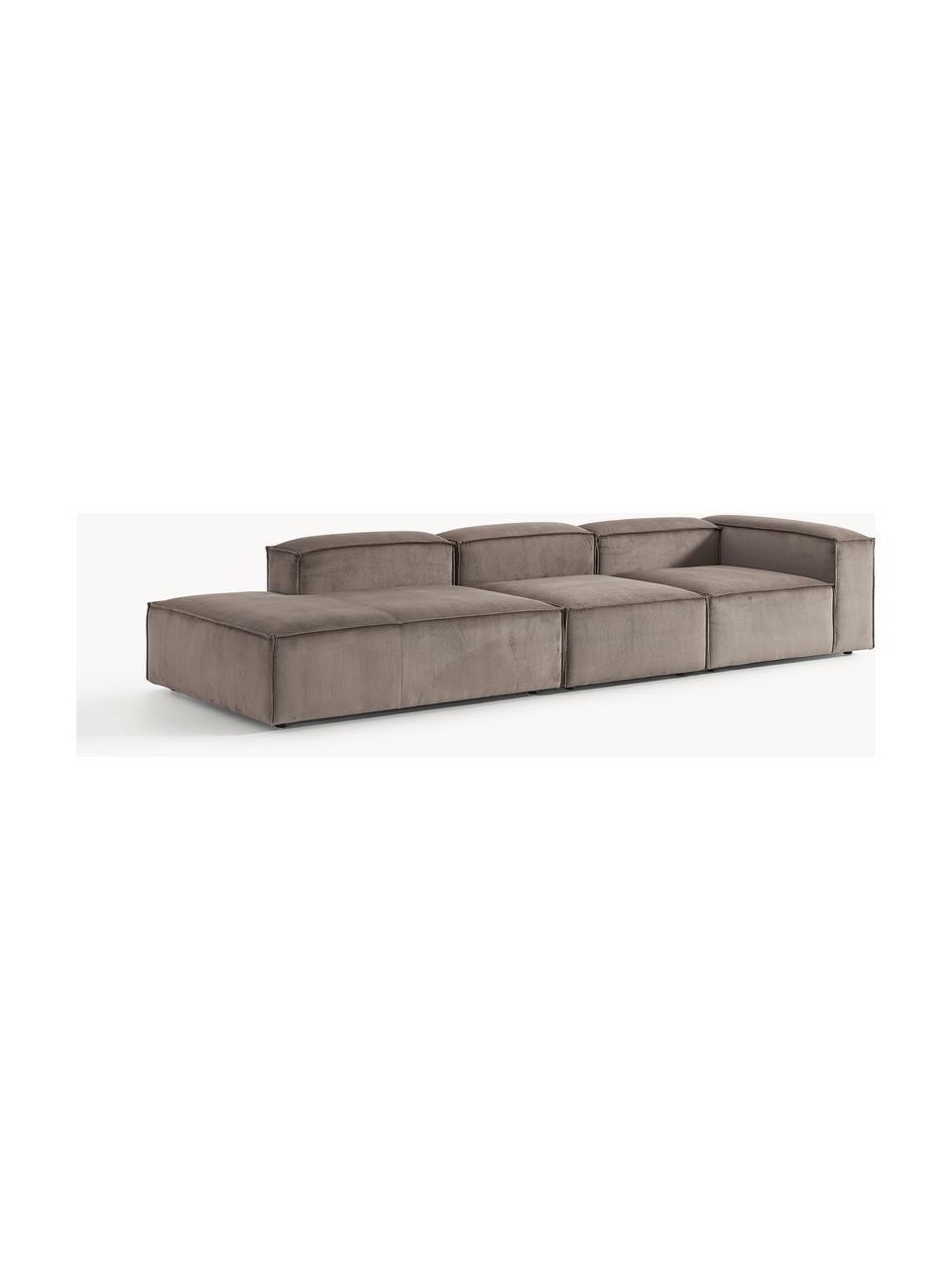 Chaise longue XL componibile in velluto a coste Lennon, Rivestimento: velluto a coste (92% poli, Struttura: legno di pino massiccio, , Piedini: plastica I piedini si tro, Velluto a coste taupe, Larg. 357 x Prof. 119 cm, schienale a destra