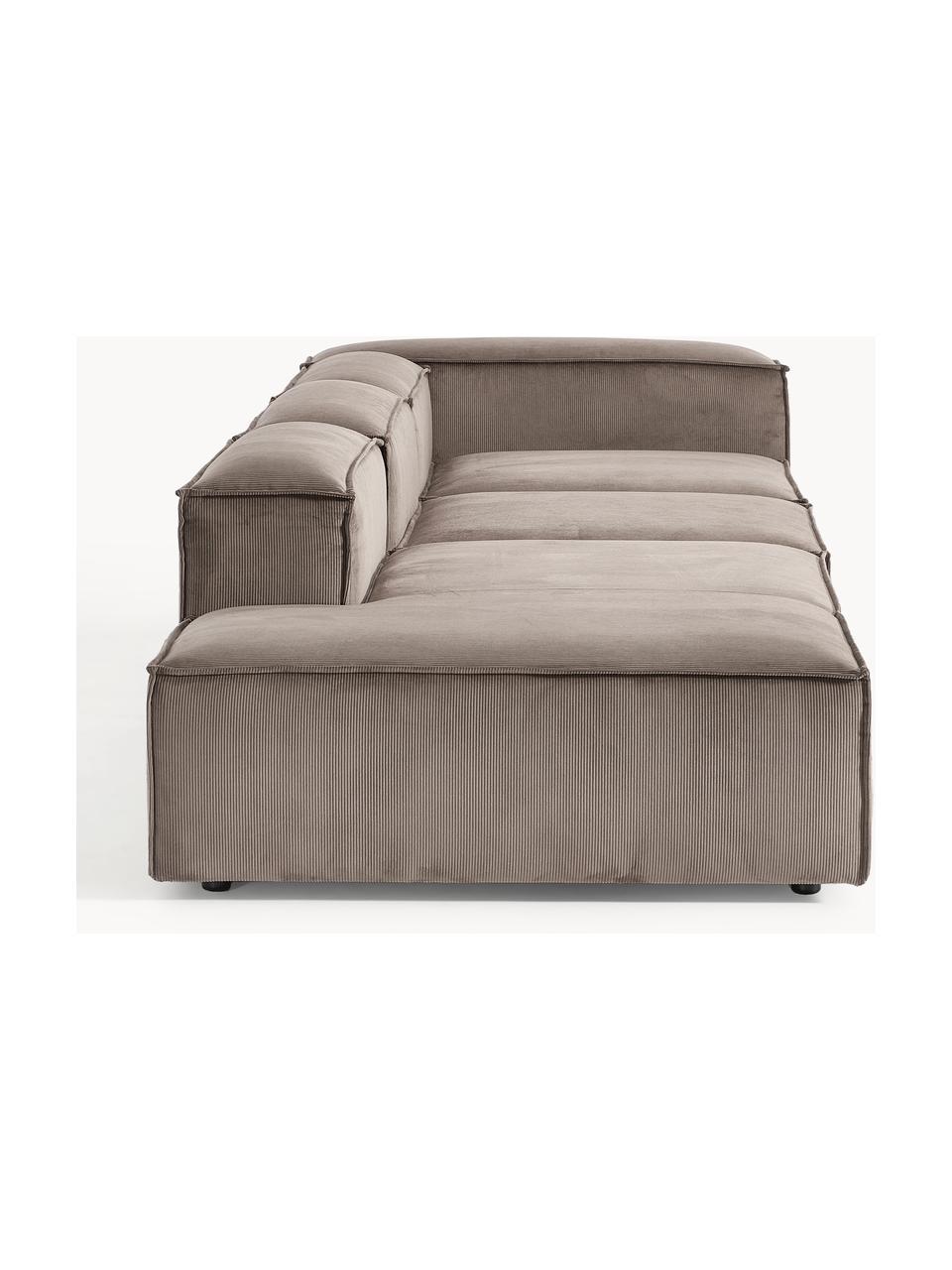 Chaise longue XL componibile in velluto a coste Lennon, Rivestimento: velluto a coste (92% poli, Struttura: legno di pino massiccio, , Piedini: plastica I piedini si tro, Velluto a coste taupe, Larg. 357 x Prof. 119 cm, schienale a destra