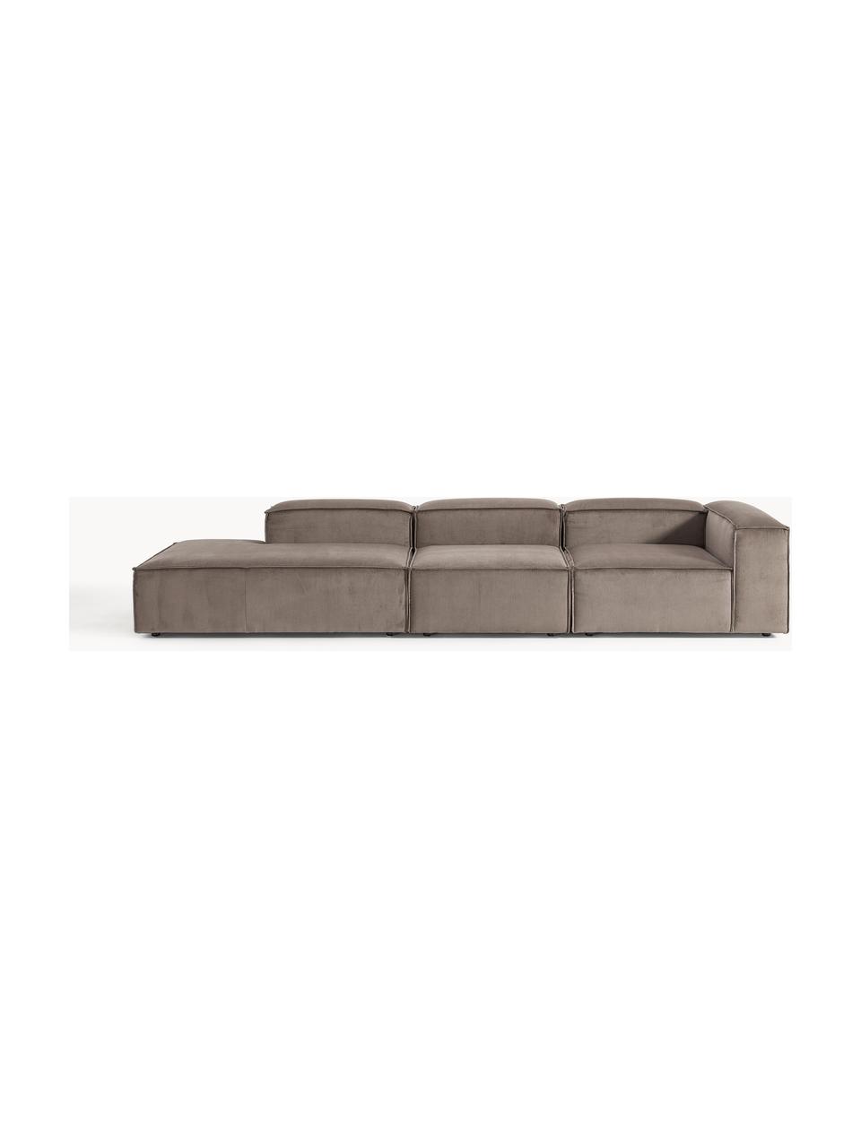 Chaise longue XL componibile in velluto a coste Lennon, Rivestimento: velluto a coste (92% poli, Struttura: legno di pino massiccio, , Piedini: plastica I piedini si tro, Velluto a coste taupe, Larg. 357 x Prof. 119 cm, schienale a destra