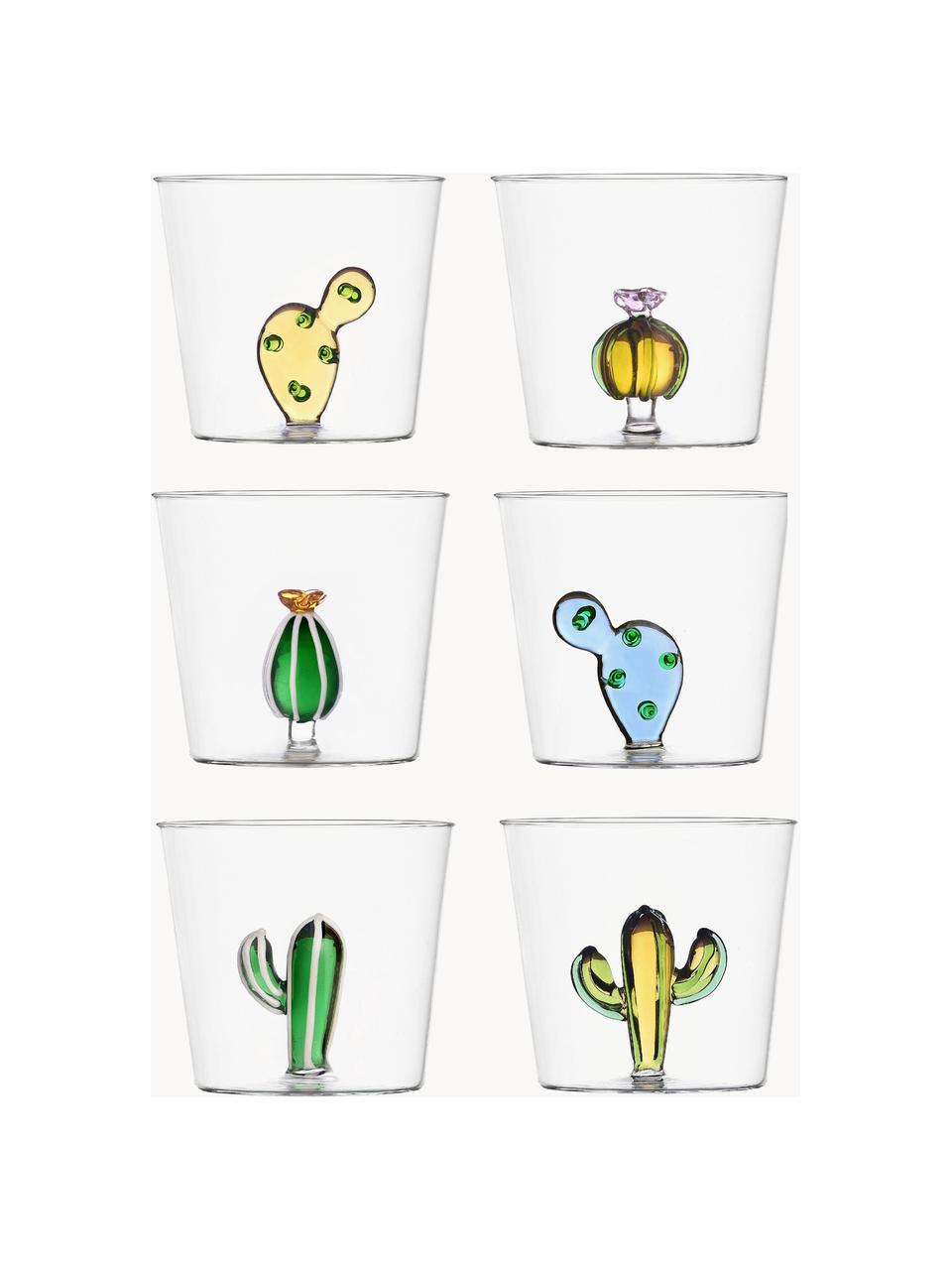 Set de vasos de agua artesanales Desert Plants, 6 uds., Vidrio de borosilicato, Transparente, multicolor, Ancho 160 cm, Largo 50 cm