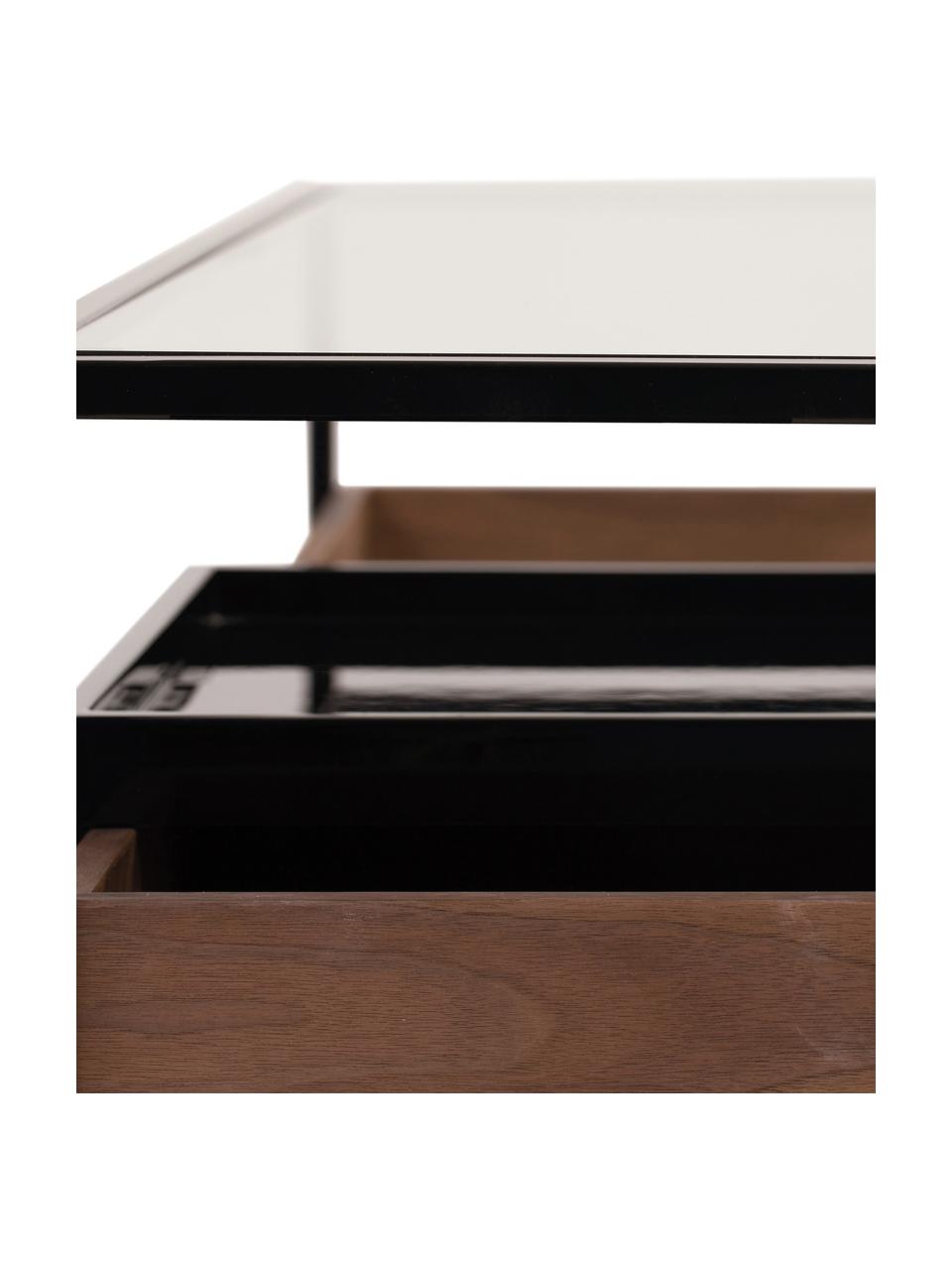 Wandtafel Helix met opbergruimte, Frame: gepoedercoat metaal, Tafelblad: glas, Dienblad: gelakt metaal, Zwart, walnoothout, B 120 x D 40 cm
