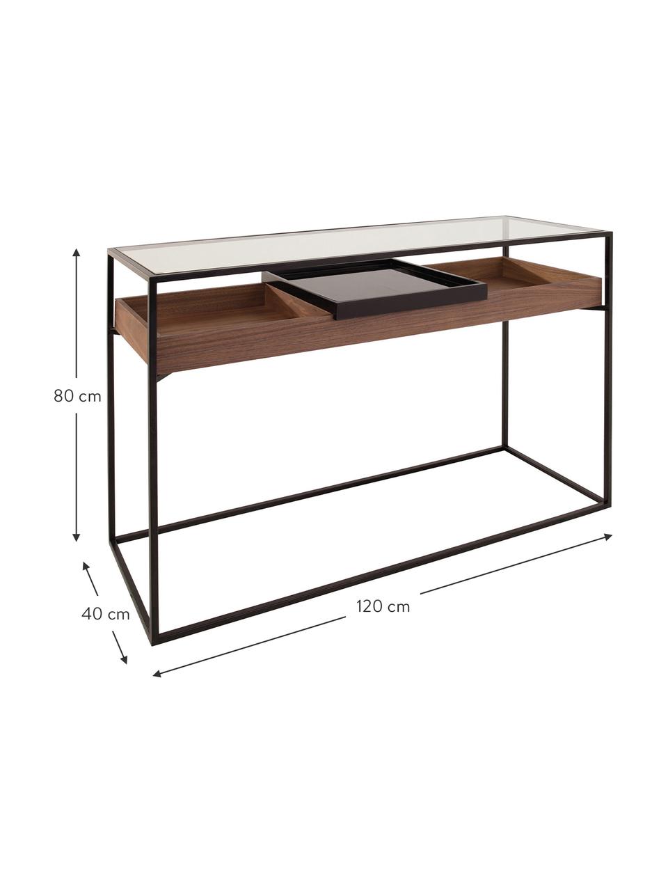Konsola z miejscem do przechowywania Helix, Stelaż: metal malowany proszkowo, Blat: szkło, Czarny, drewno orzecha włoskiego, S 120 x G 40 cm