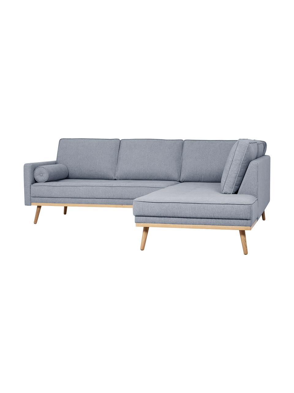 Sofa narożna z nogami z drewna dębowego Saint (3-osobowa), Tapicerka: poliester Dzięki tkaninie, Niebieskoszara tkanina, S 243 x G 220 cm