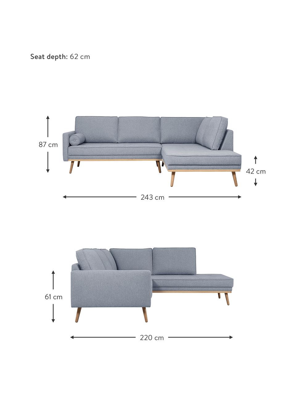 Divano angolare 3 posti in tessuto blu grigio Saint, Rivestimento: poliestere 50.000 cicli d, Struttura: legno di pino massiccio, , Tessuto blu grigio, Larg. 243 x Prof. 220 cm