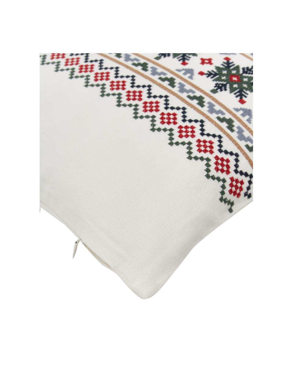 Vyšívaný poťah na vankúš so zimným motívom Finn, 100 % bavlna, Krémovobiela, červená, tmavozelená, Š 45 x D 45 cm