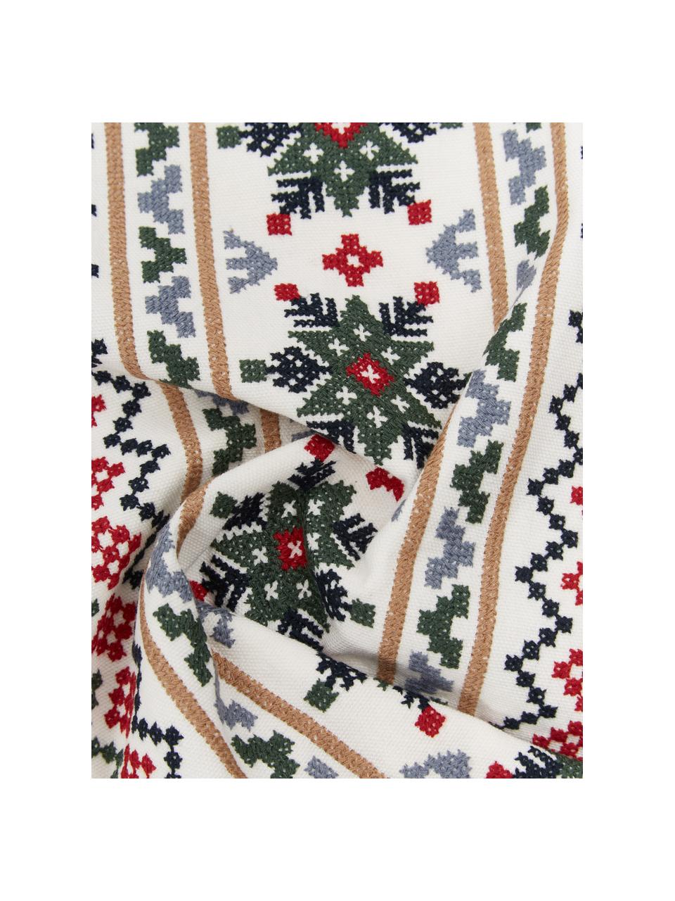 Bestickte Kissenhülle Finn mit winterlichem Motiv, 100 % Baumwolle, Cremeweiß, Rot, Dunkelgrün, B 45 x L 45 cm