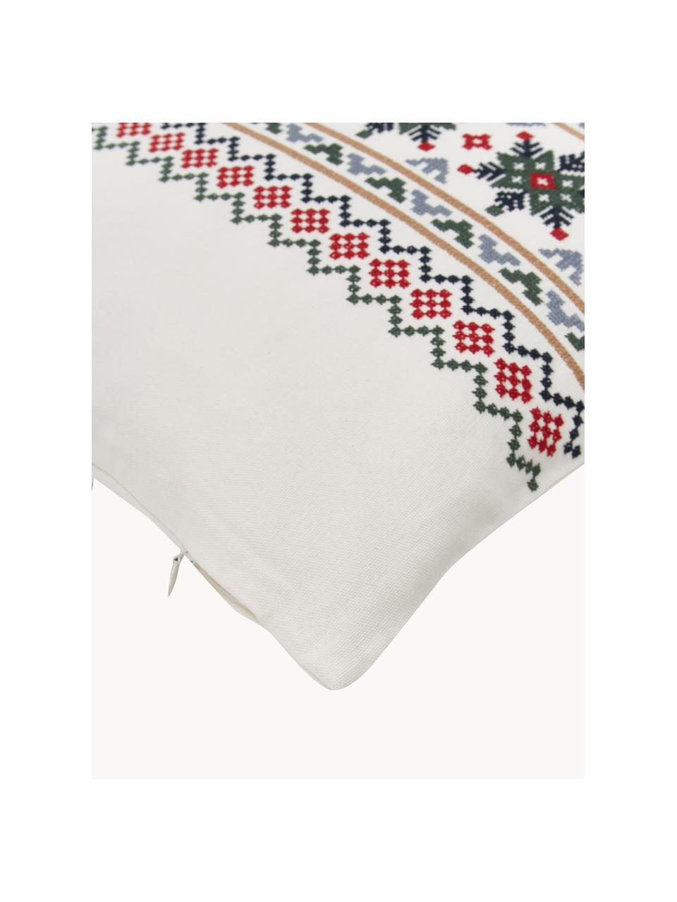 Vyšívaný povlak na polštář se zimním motivem Finn, 100 % bavlna, Krémově bílá, červená, tmavě zelená, Š 45 cm, D 45 cm