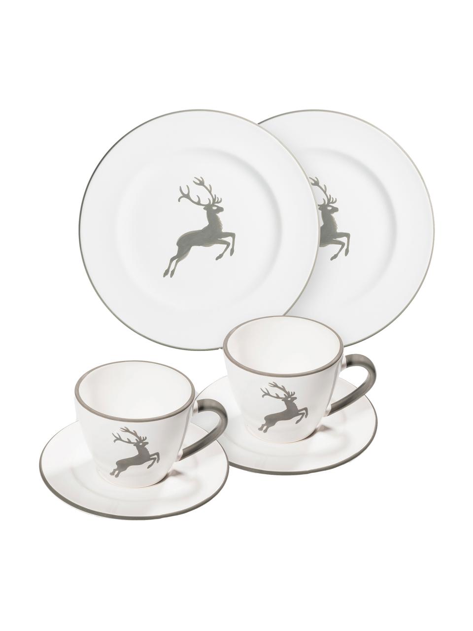 Handgemaakt koffieservies Grauer Hirsch, 2 personen (6 stuks), Keramiek, Wit, grijs, Set met verschillende formaten