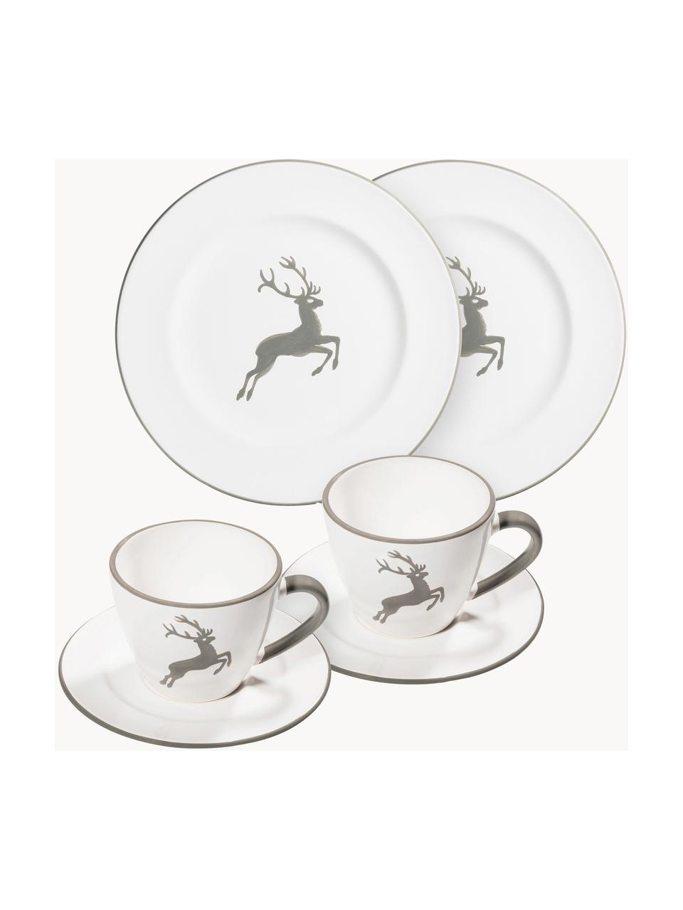 Set de café artesanal Grüner Hirsch, 6 pzas., Cerámica, Gris, blanco, 2 comensales (6 pzas.)