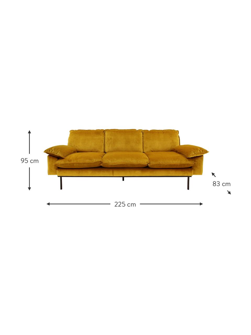 Samt-Sofa Retro (3-Sitzer) in Gelb mit Metall-Füssen, Bezug: Polyestersamt 86.000 Sche, Korpus: Mitteldichte Holzfaserpla, Samt Ockergelb, B 225 x T 83 cm