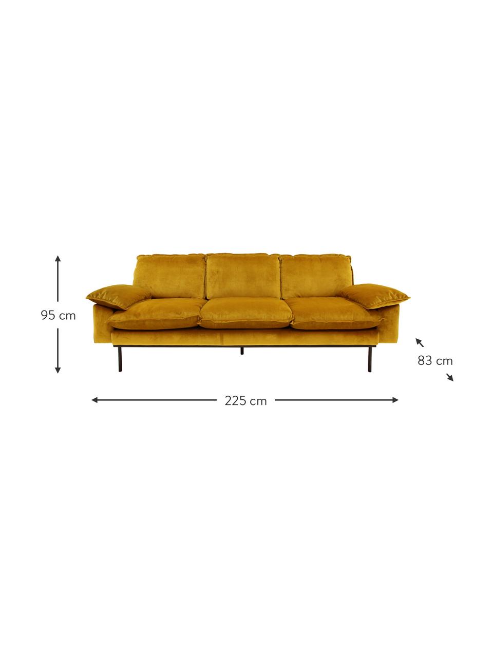 Samt-Sofa Retro (3-Sitzer) mit Metall-Füßen, Bezug: Polyestersamt 86.000 Sche, Korpus: Mitteldichte Holzfaserpla, Füße: Metall, pulverbeschichtet, Samt Ockergelb, B 225 x T 83 cm