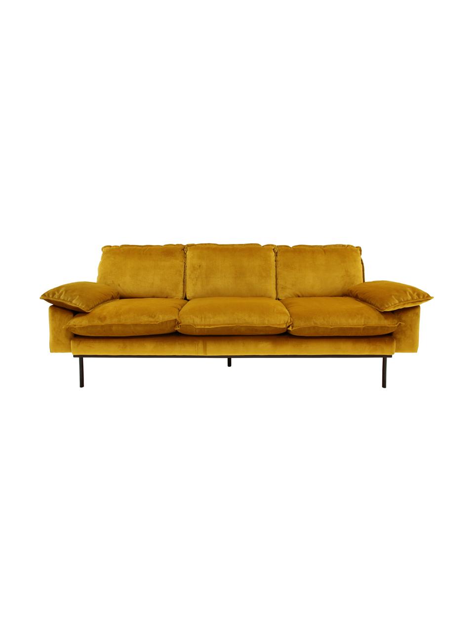 Samt-Sofa Retro (3-Sitzer) mit Metall-Füßen, Bezug: Polyestersamt 86.000 Sche, Korpus: Mitteldichte Holzfaserpla, Füße: Metall, pulverbeschichtet, Samt Ockergelb, B 225 x T 83 cm