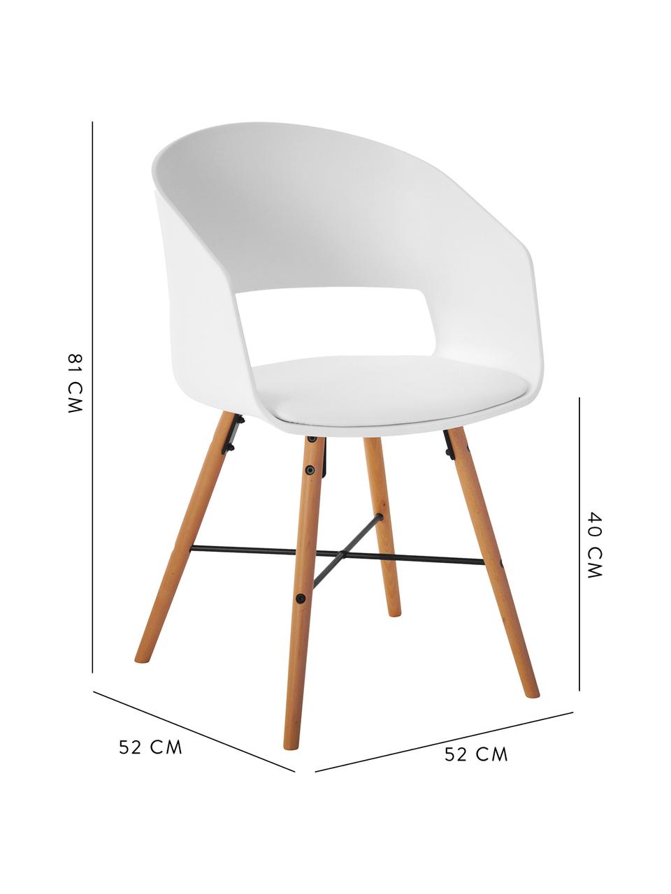 Chaises à accoudoirs style scandinave Luna, 2 pièces, Assise : blanc Pieds : bois de hêtre, brillant