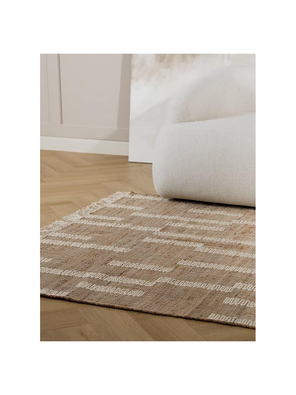 Handgefertigter Jute-Teppich Kerala mit Fransen, 68% Jute, 23% Baumwolle, 9% Wolle, Beige, Elfenbeinfarben, B 80 x L 150 cm (Größe XS)
