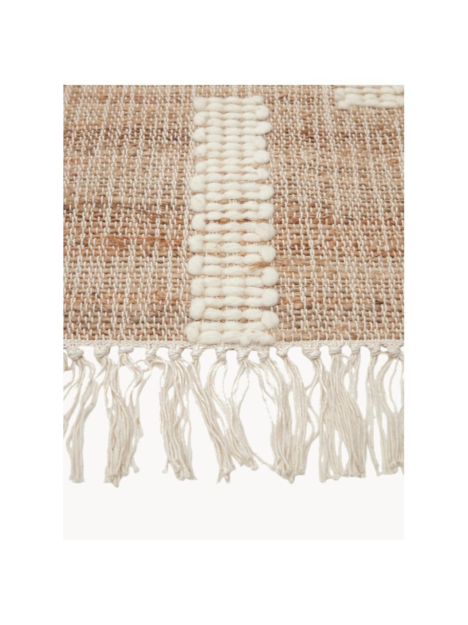 Handgemaakt jute vloerkleed Kerala met franjes, 68% jute, 23% katoen, 9% wol, Bruin, crèmewit, B 80 x L 150 cm (maat XS)