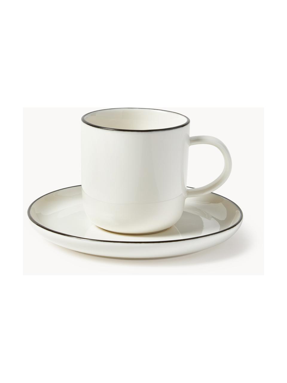 Tasses à café en porcelaine Facile, 2 pièces, Porcelaine robuste de haute qualité (env. 50 % kaolin, 25 % quartz et 25 % feldspath), Blanc cassé avec bordure noire, Ø 8 x haut. 8 cm, 250 ml