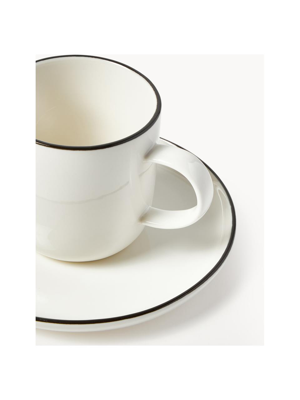 Porcelánové hrnky s podšálky na kávu Facile, 2 ks, Vysoce kvalitní tvrdý porcelán (cca 50 % kaolinu, 25 % křemene a 25 % živce), Tlumeně bílá s černým okrajem, Ø 8 cm, V 8 cm, 250 ml