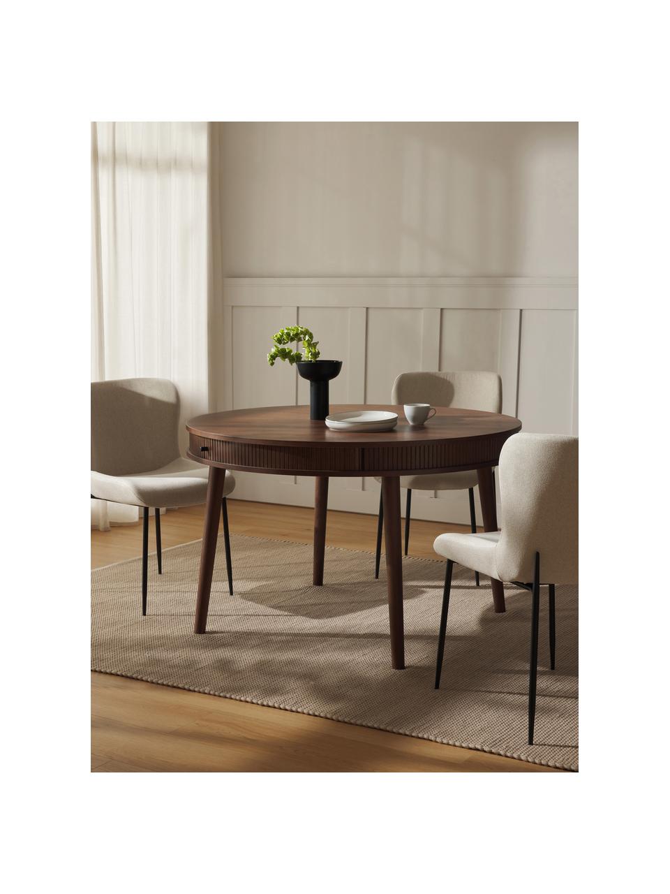Kulatý jídelní stůl s úložným prostorem Calary, Dubové dřevo, tmavě hnědě lakované, Ø 120 cm