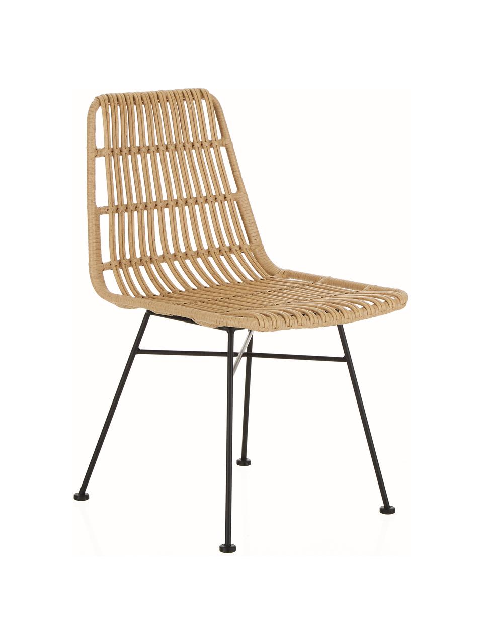 Chaises en polyrotin Costa, 2 pièces, Brun clair, Pieds : noir, larg. 47 x prof. 61 cm