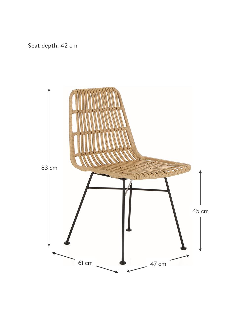Polyrotan stoelen Costa, 2 stuks, Zitvlak: polyethyleen vlechtwerk, Frame: gepoedercoat metaal, Lichtbruin, zwart, B 47 x D 61 cm