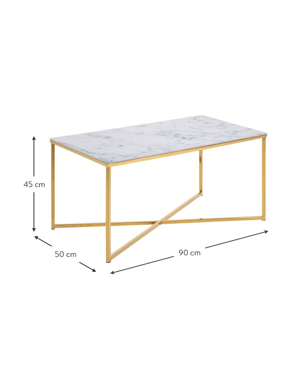 Couchtisch Alisma mit Glasplatte, Tischplatte: Glas, matt bedruckt, Gestell: Stahl, vermessingt, Weiss, marmoriert, Goldfarben, B 90 x T 50 cm