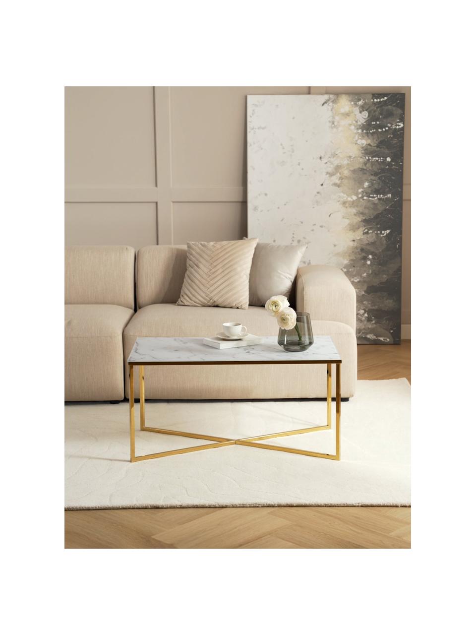 Table basse en verre Alisma, Blanc, marbré, couleur dorée, larg. 90 x prof. 50 cm