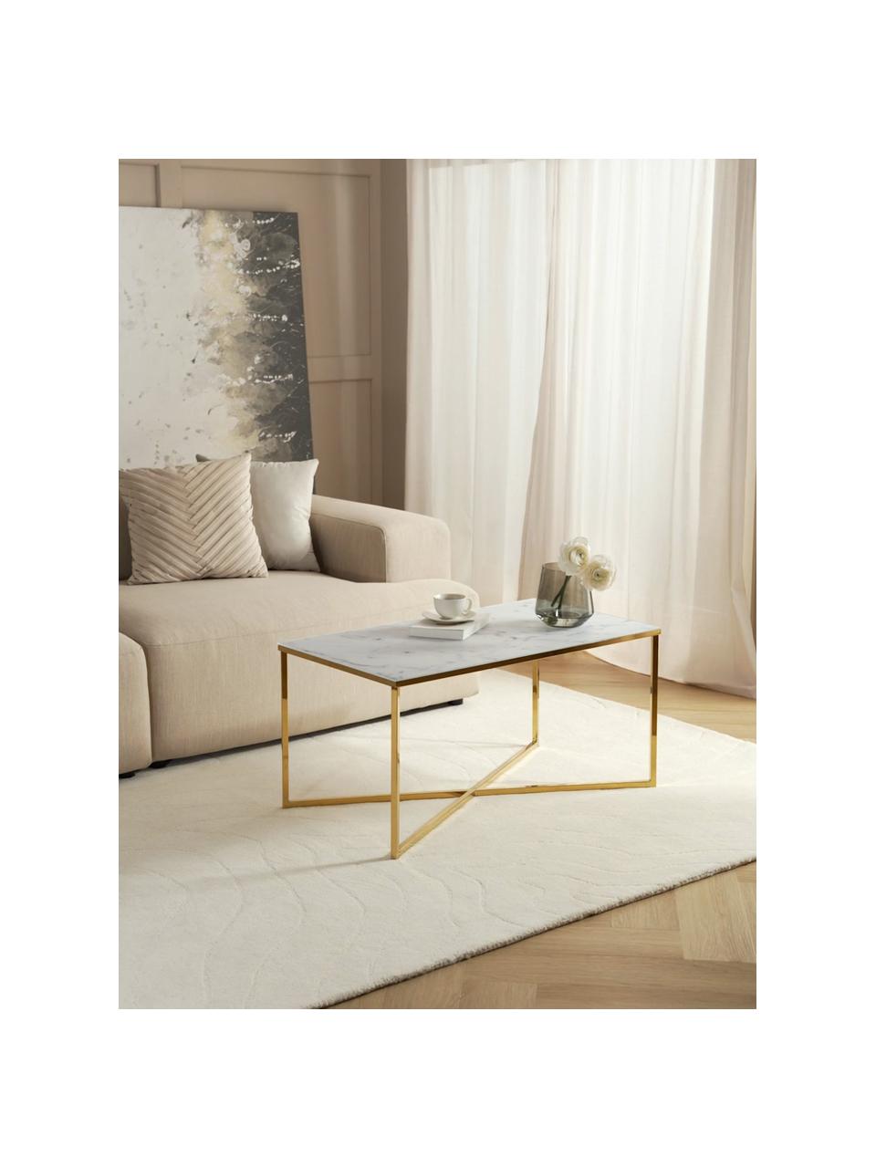 Couchtisch Alisma mit Glasplatte, Tischplatte: Glas, matt bedruckt, Gestell: Stahl, vermessingt, Weiß, marmoriert, Goldfarben, B 90 x T 50 cm