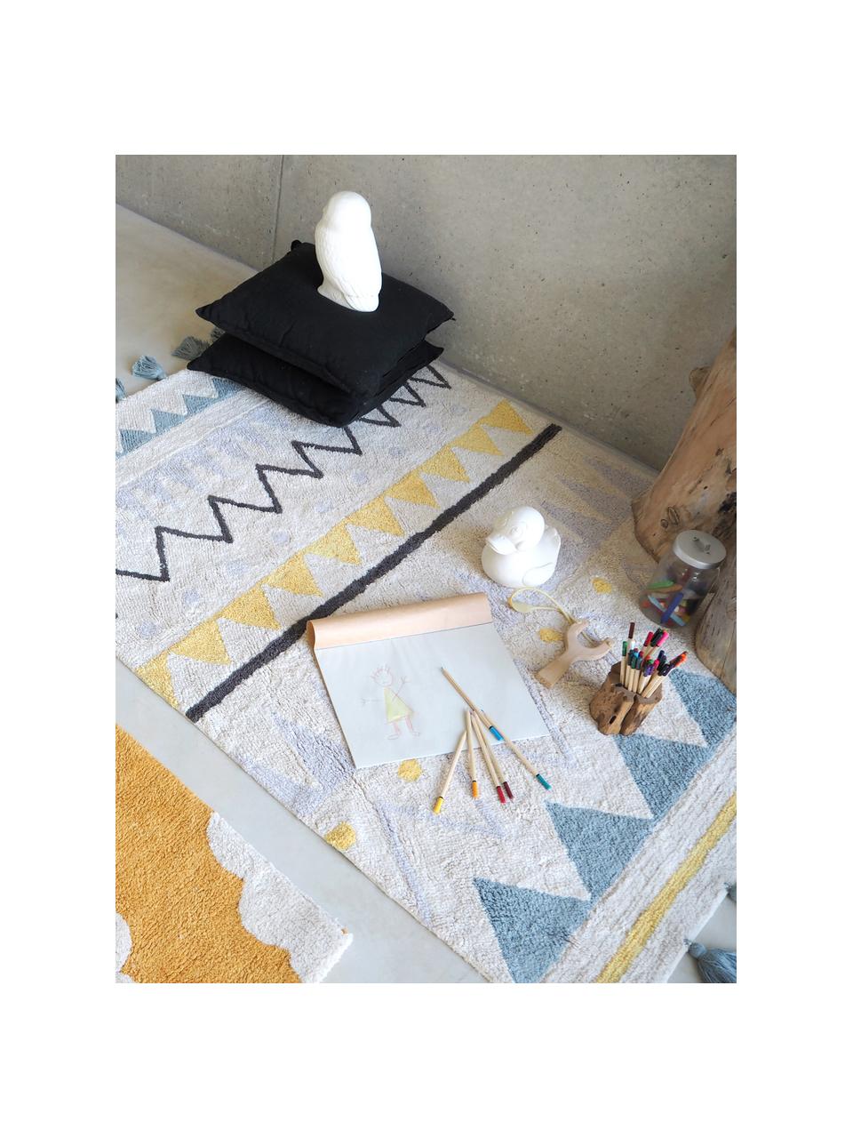 Tappeto in cotone con nappe e motivo colorato Azteca, Retro: cotone riciclato, Beige, giallo, blu, grigio, grigio scuro, Larg. 120 x Lung. 160 cm (taglia S)