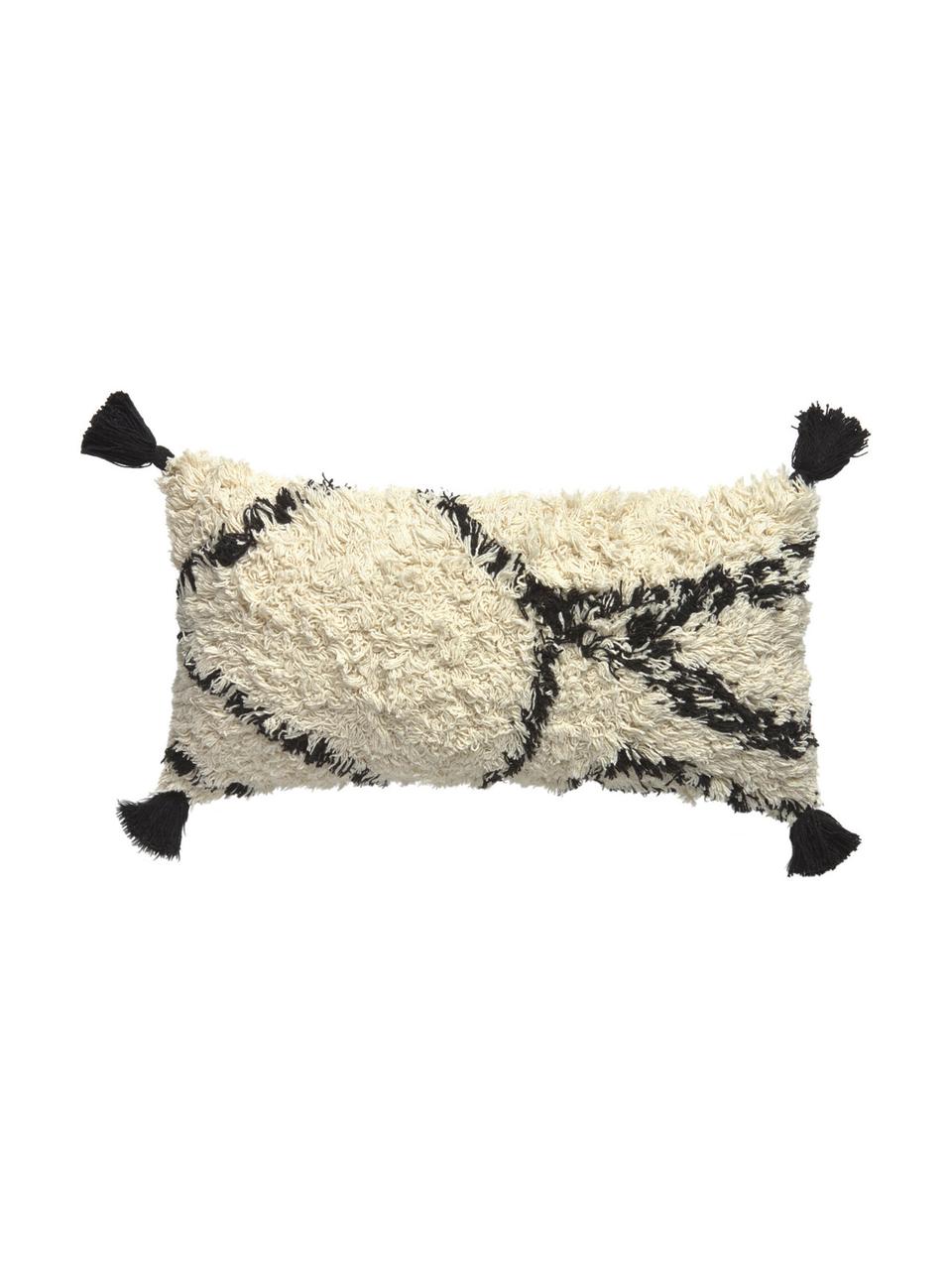 Housse de coussin rectangulaire boho Safro, Noir, couleur crème