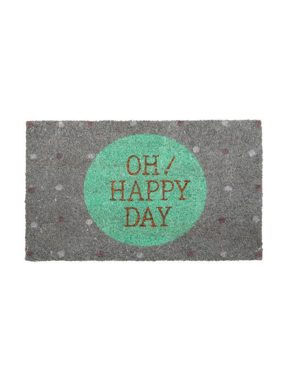 Deurmat Oh Happy Day!, Bovenzijde: kokosvezels, Onderzijde: vinyl, Grijs, pastelgroen, goudkleurig, 45 x 75 cm