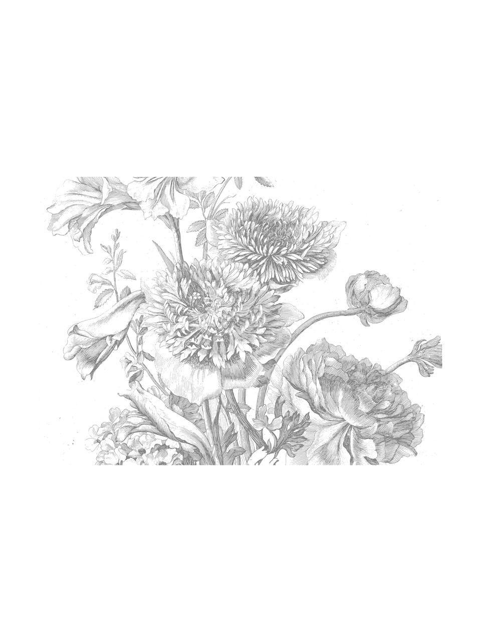 Adesivo murale Engraved Flowers, Tessuto non tessuto, ecologico e biodegradabile, Grigio, bianco, Larg. 389 x Alt. 280 cm